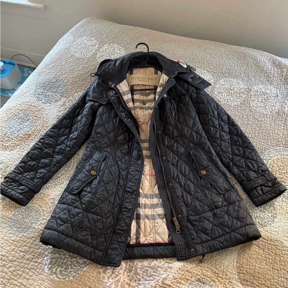Burberry Brit Nova Check Bellbridge Belted Quilted Jacket Coat Black